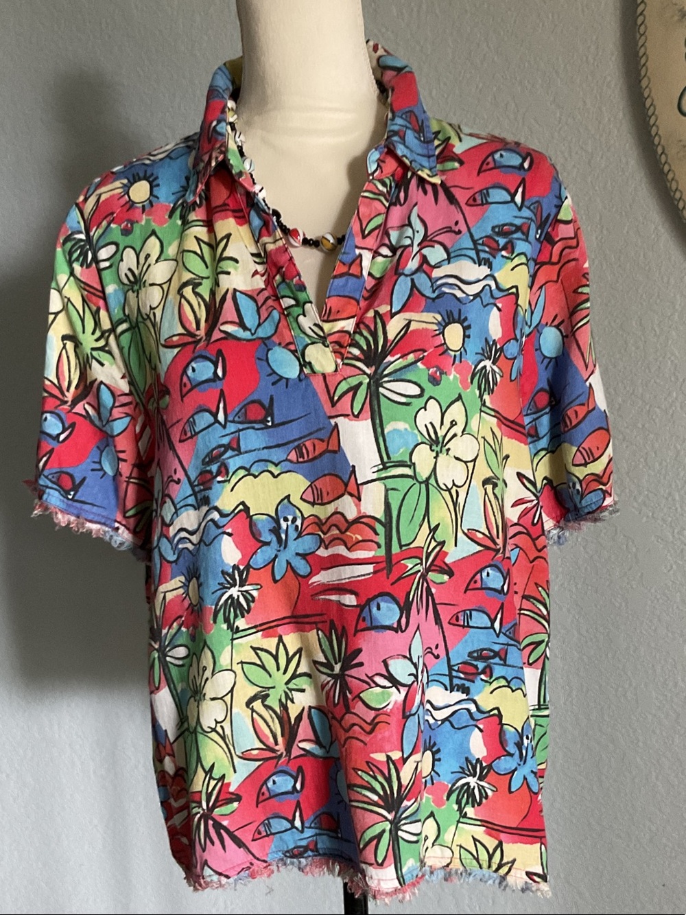 Chico's Multicolor Island Print Polo - Pink, Blue, Green, Yellow